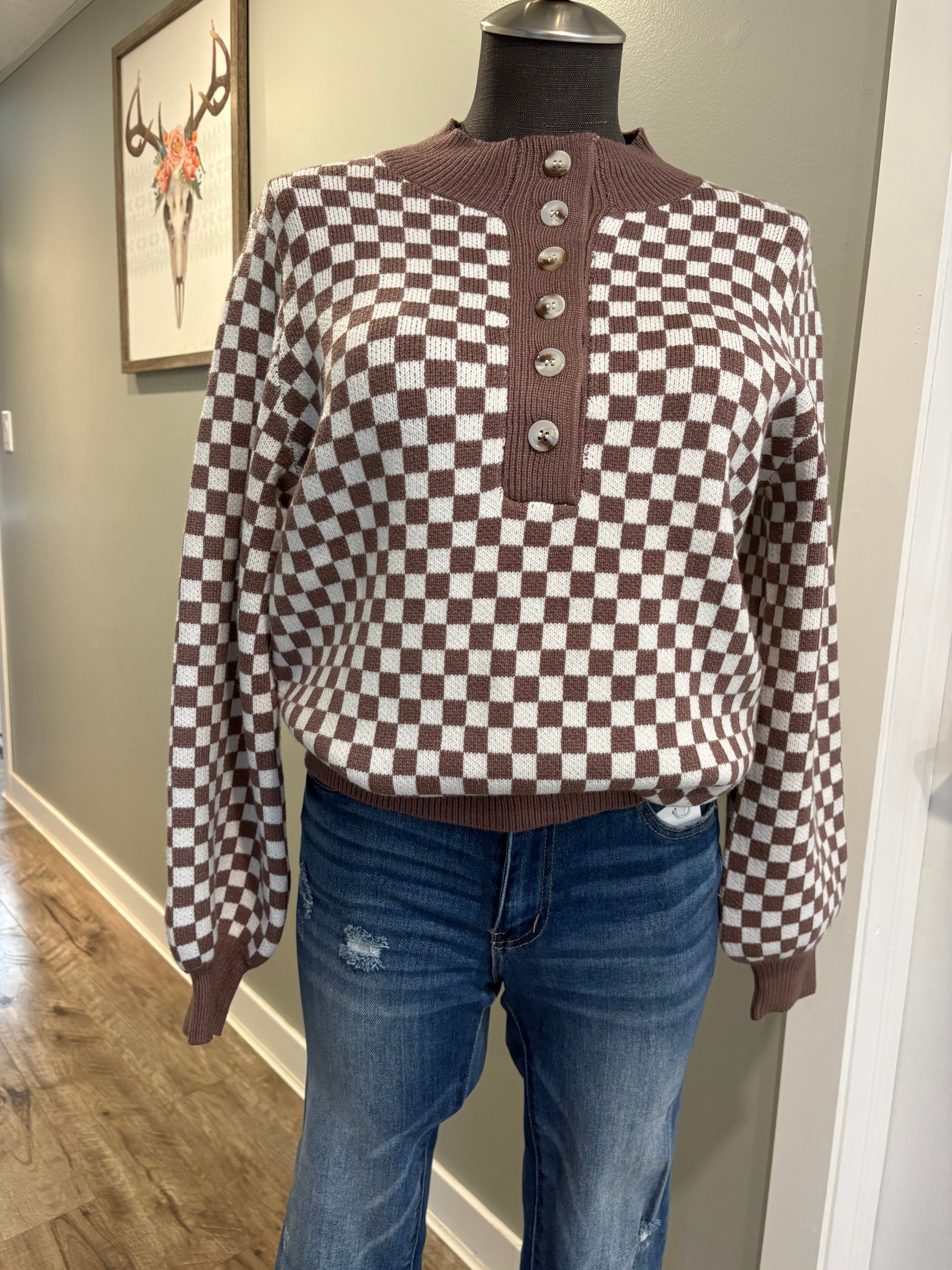 Half Buttoned Checkered Pullover women’s sweater pullover