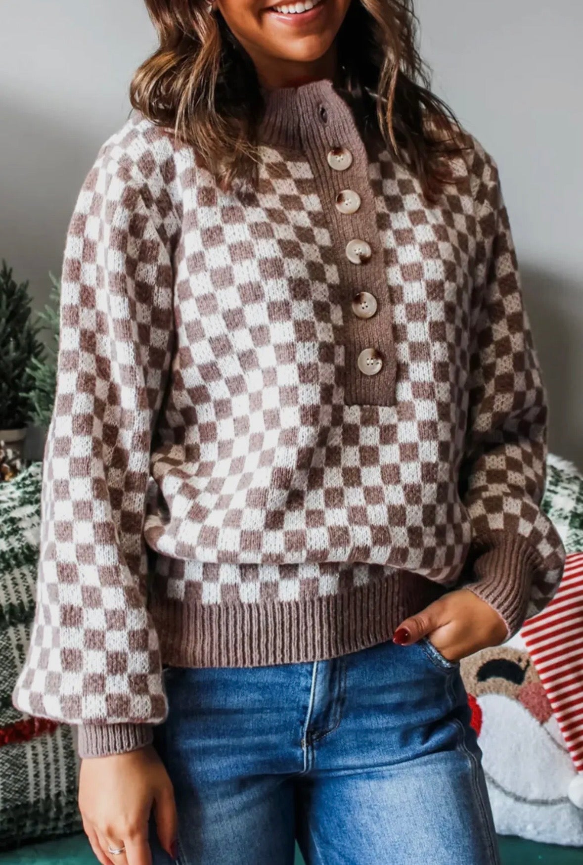 Half Buttoned Checkered Pullover women’s sweater pullover