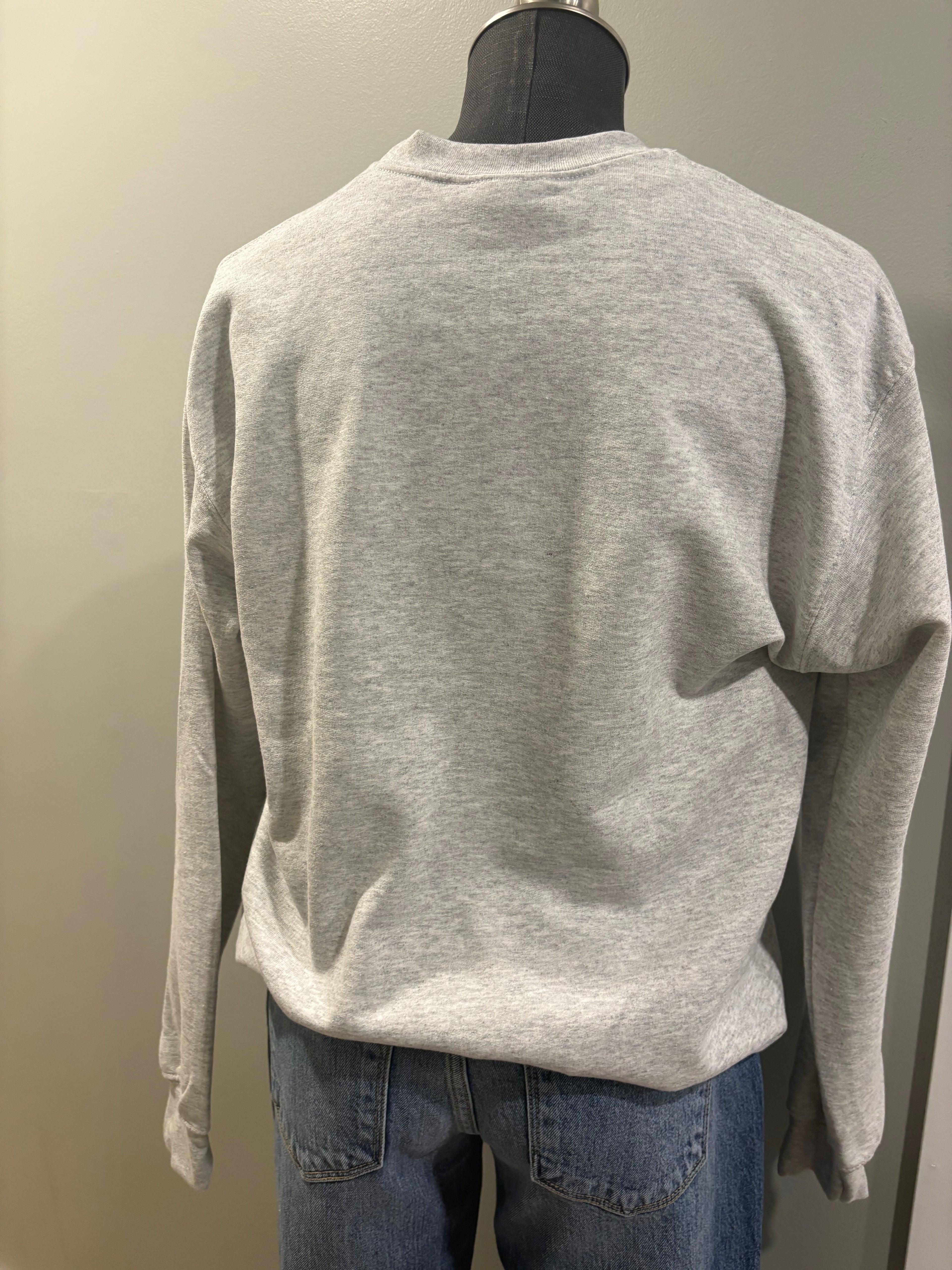 Turquoise boot stitch grey crewneck sweater with western-inspired design