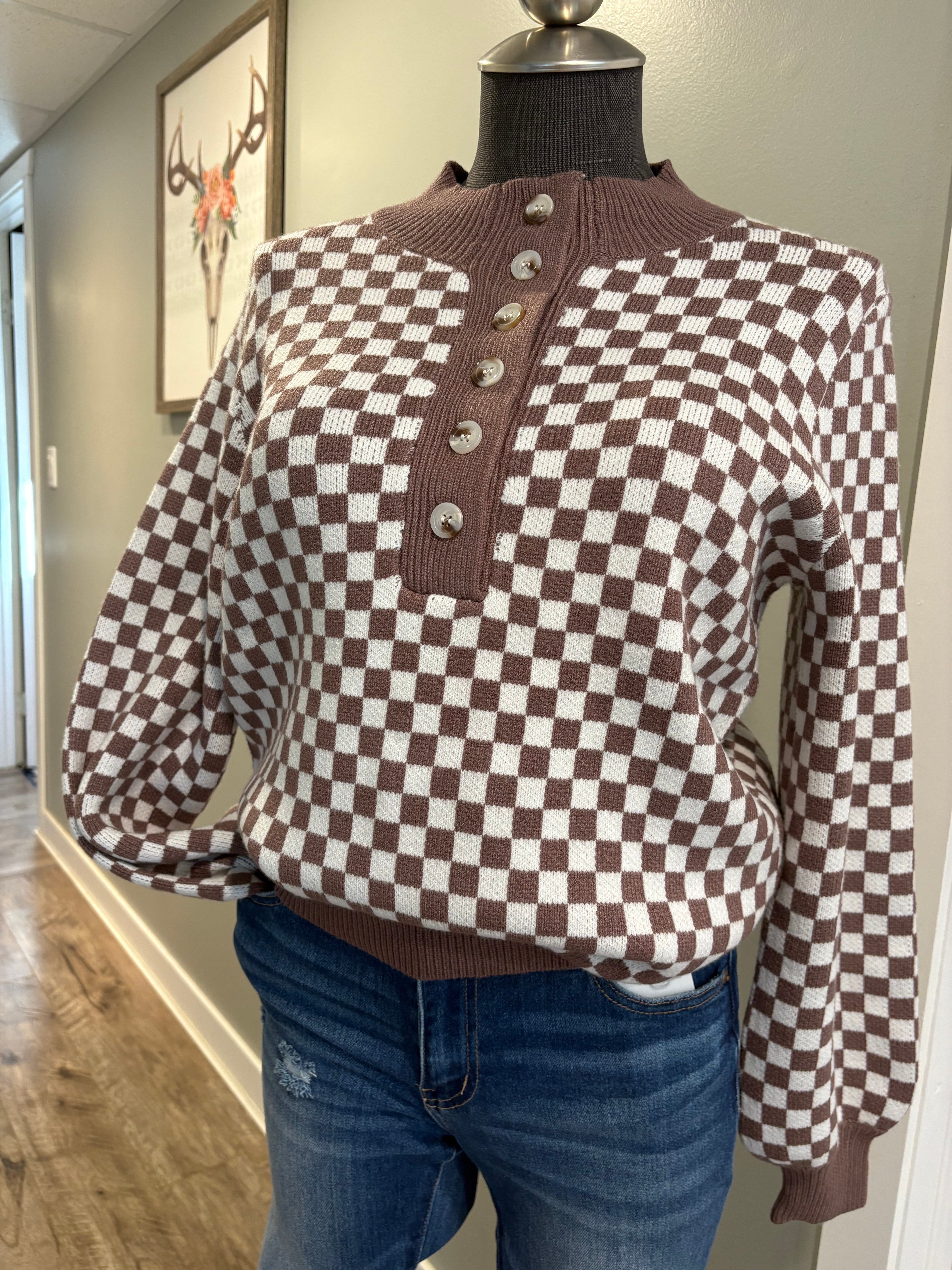 Half Buttoned Checkered Pullover women’s sweater pullover
