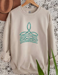 Turquoise boot stitch sand crewneck sweater with western-inspired design